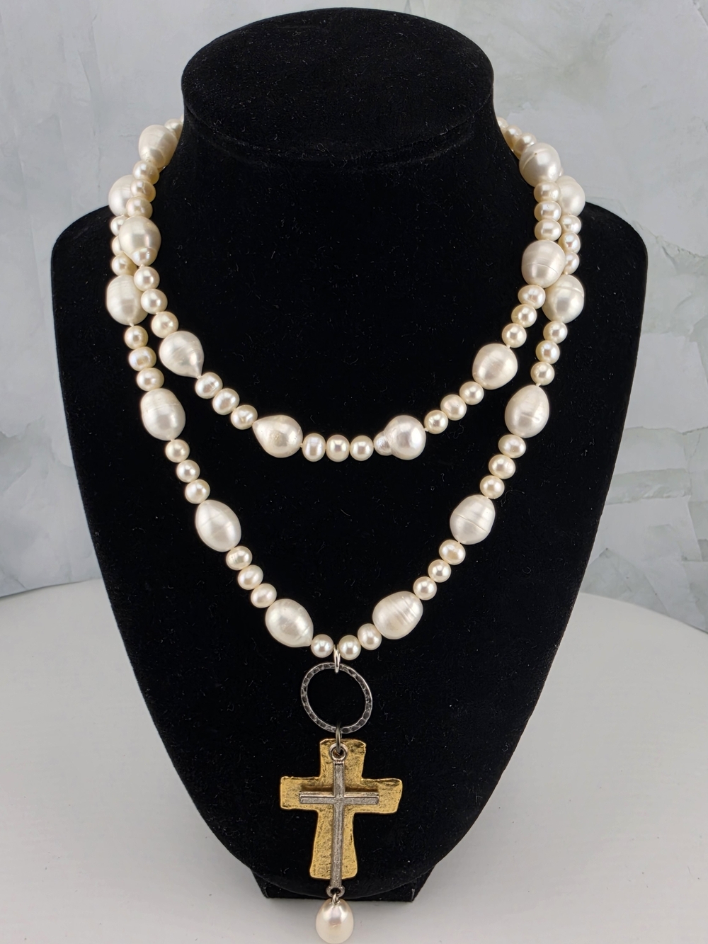 Plunder Design "Grace" Baroque Pearl & Hammered Gold Cross Necklace
